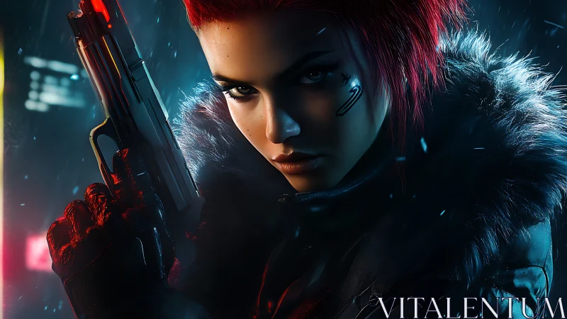 Neon-haired cyber huntress aiming through frozen rain.