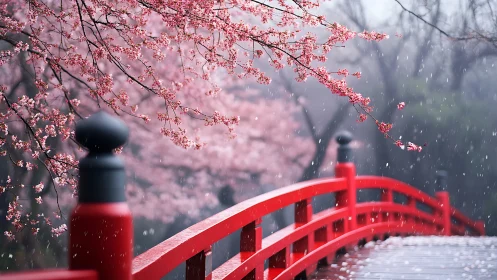 Gentle red bridge under soft cherry blossoms in spring rain.