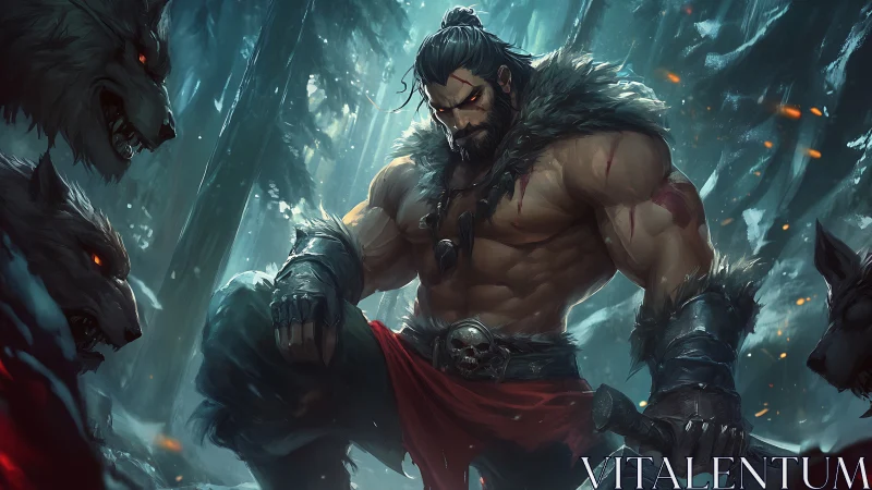 Muscular warrior kneels in snowy forest surrounded by wolves