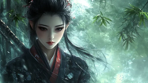Samurai swordswoman in misted bamboo forest, digital painting