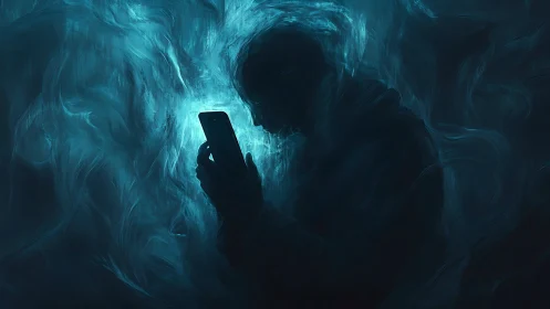 Silhouetted phone user in teal luminescent data mist field
