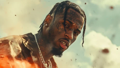 Tattooed man gazes intensely amid smoke and embers outdoors.