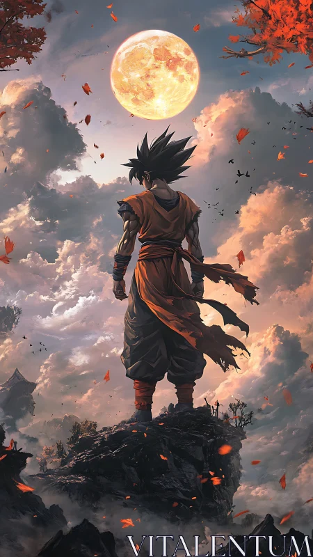 Warrior stands before burning moon above stormy clouds