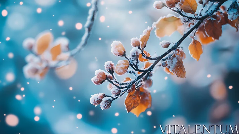 Digital painting of frosted autumn branch with bokeh snowfall.
