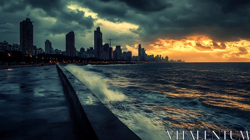 Urban coastline under storm clouds at sunset with waves crashing.