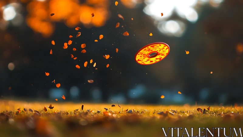 Flying orange frisbee cuts through glowing autumn leaves.