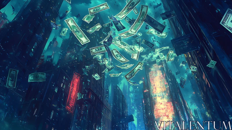 Neon city canyon with swirling money in cyan turbulence.