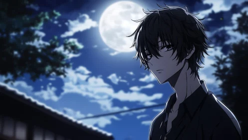 Lunar backlit anime teen in high-contrast nocturnal scene.
