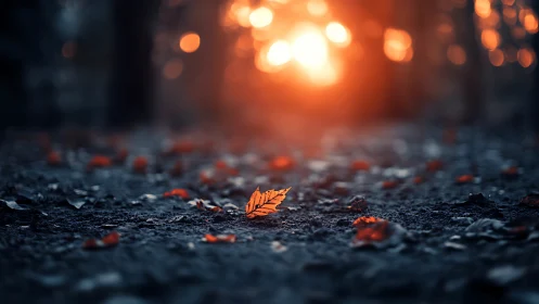 Single orange leaf lies on forest ground under backlit sunset