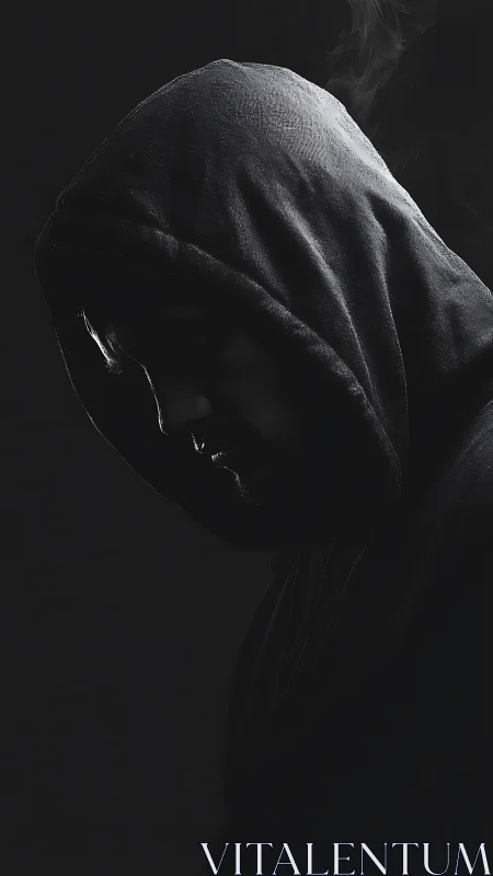Shadowed hooded figure caught between mystery and quiet light.