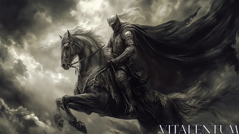 Dark armored knight rides through storm-torn skies in fury.