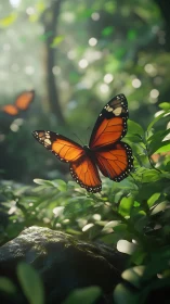 Shallow-depth render of monarch butterfly hovering above wet foliage