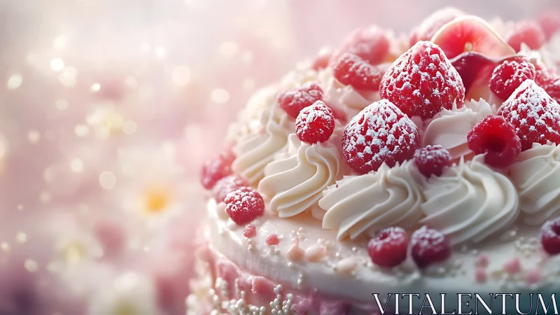 Elegant Cream Dessert with Fresh Raspberries and Powdered Sugar.