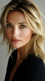 Blonde woman portrait with soft light and neutral background.