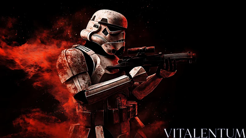 Stormtrooper holds rifle in red smoke against black void