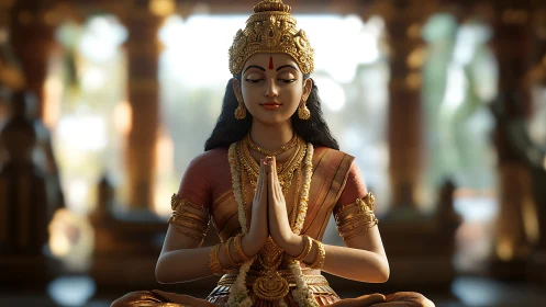 Golden temple serenity with goddess in gentle prayerful focus.