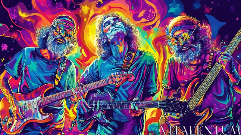 Psychedelic Pop Art Triptych of Electric Guitarists in Neon Chromas.