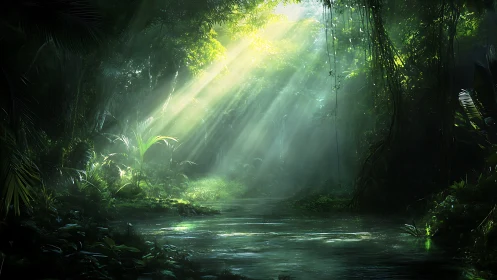Luminous jungle stream with sunbeams piercing dense canopy.
