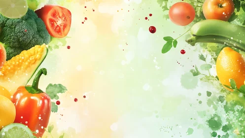 Watercolor produce border with vibrant negative space layout.