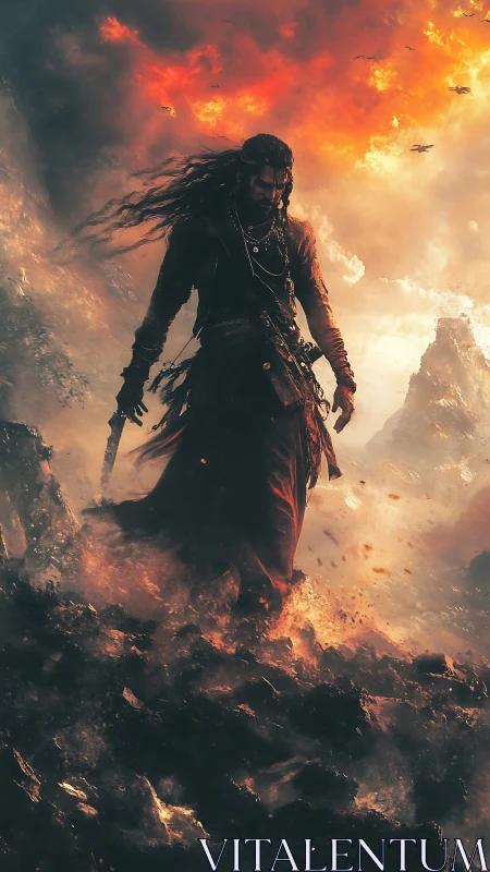 Solitary robed figure walking over burning volcanic terrain.