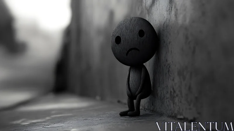 Monochrome 3D character against blurred alley wall composition.