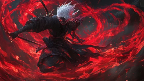 White-haired katana warrior channeling arcane crimson vortex
