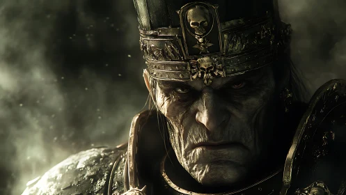 Ancient warlord glares through smoke in a grim fantasy realm