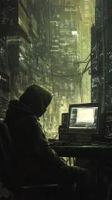 Cyberpunk hacker at terminal in neon drenched alleyway.