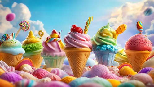 Whimsical rainbow ice cream cones float in a candy sky.