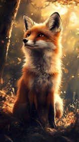 Golden forest fox sits in warm backlit autumn glow.
