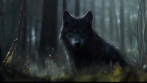 Black wolf standing alert in dim misty forest setting.