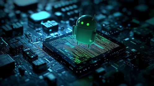 Android robot glows above circuitry, symbolizing mobile AI power