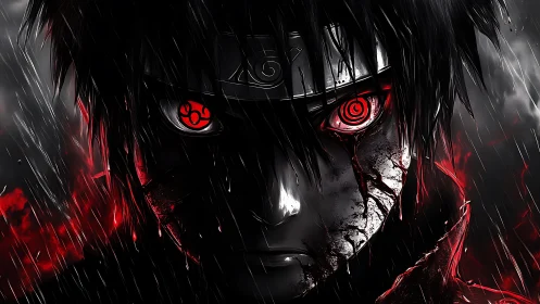 Stormlit crimson gaze of a vengeful anime warrior.