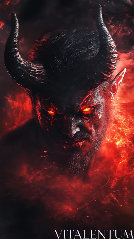 Infernal horned fiend rising from swirling ember-darkness.