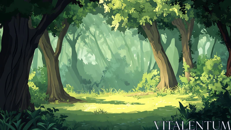 Forest Glade with Golden Sunlight Through Towering Trees.
