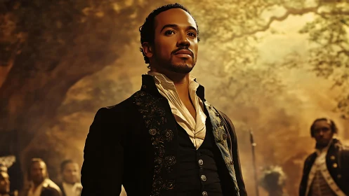 Regal period portrait of confident man in ornate dark coat