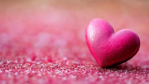 Crimson Heart Resting on Glittering Pink Landscape.