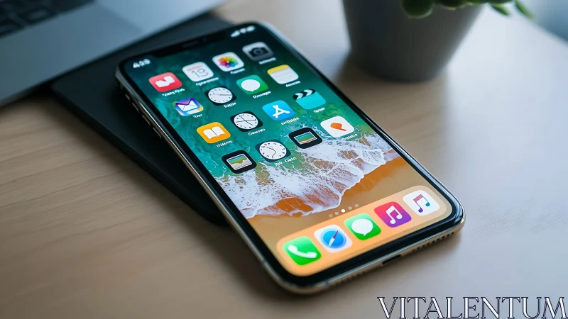 iPhone X displaying iOS home screen with app icons on desk.