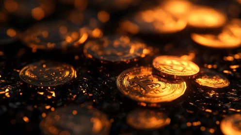 Shiny Bitcoin Coins on Dark Surface, Warm Golden Lighting.