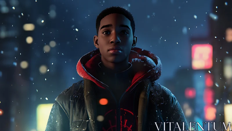 Snowlit city kid in neon dusk, holding quiet courage.