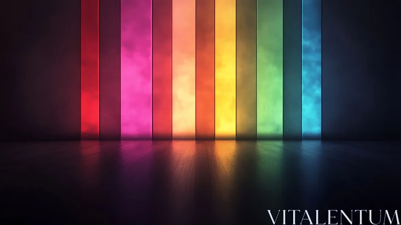 Vertical colored light panels cast reflections on floor