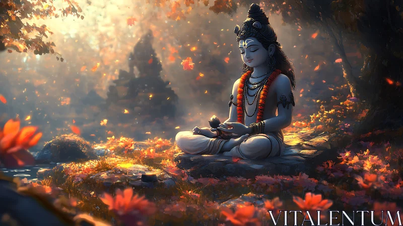 Serene Shiva meditating in an autumn forest sanctuary.