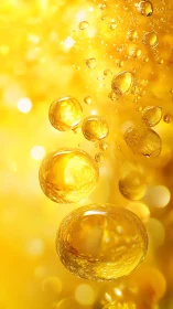 Macro view of golden liquid bubbles in bright background.