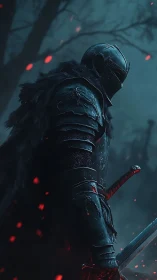 Armored warrior in dark forest with sword and embers.