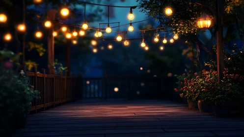 Wooden garden terrace under warm string lights at dusk.
