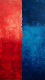 Bold red and blue color fields collide in textured harmony.