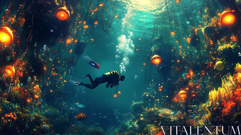 Scuba diver surveys bioluminescent coral cavern in saturated detail