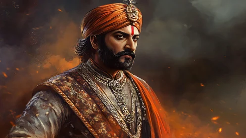 Regal Indian nobleman portrait in ornate traditional attire.