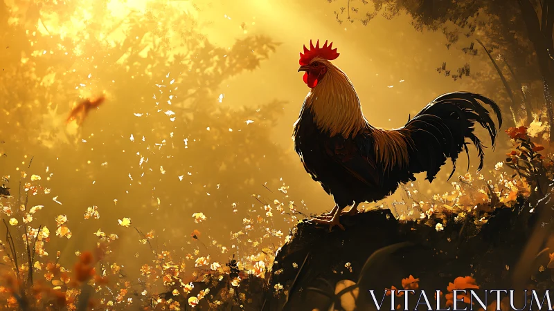 Rooster silhouette with dramatic golden backlighting and atmospheric particulate dispersal