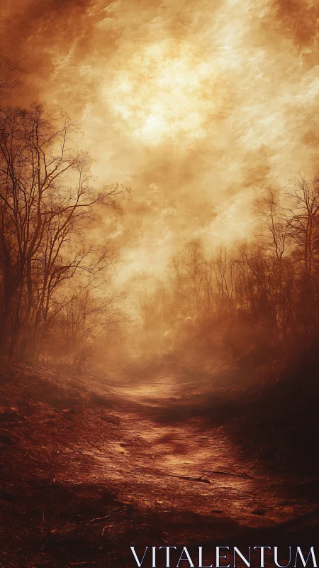 Sunlit forest path under dense bronze-toned sky. Period.